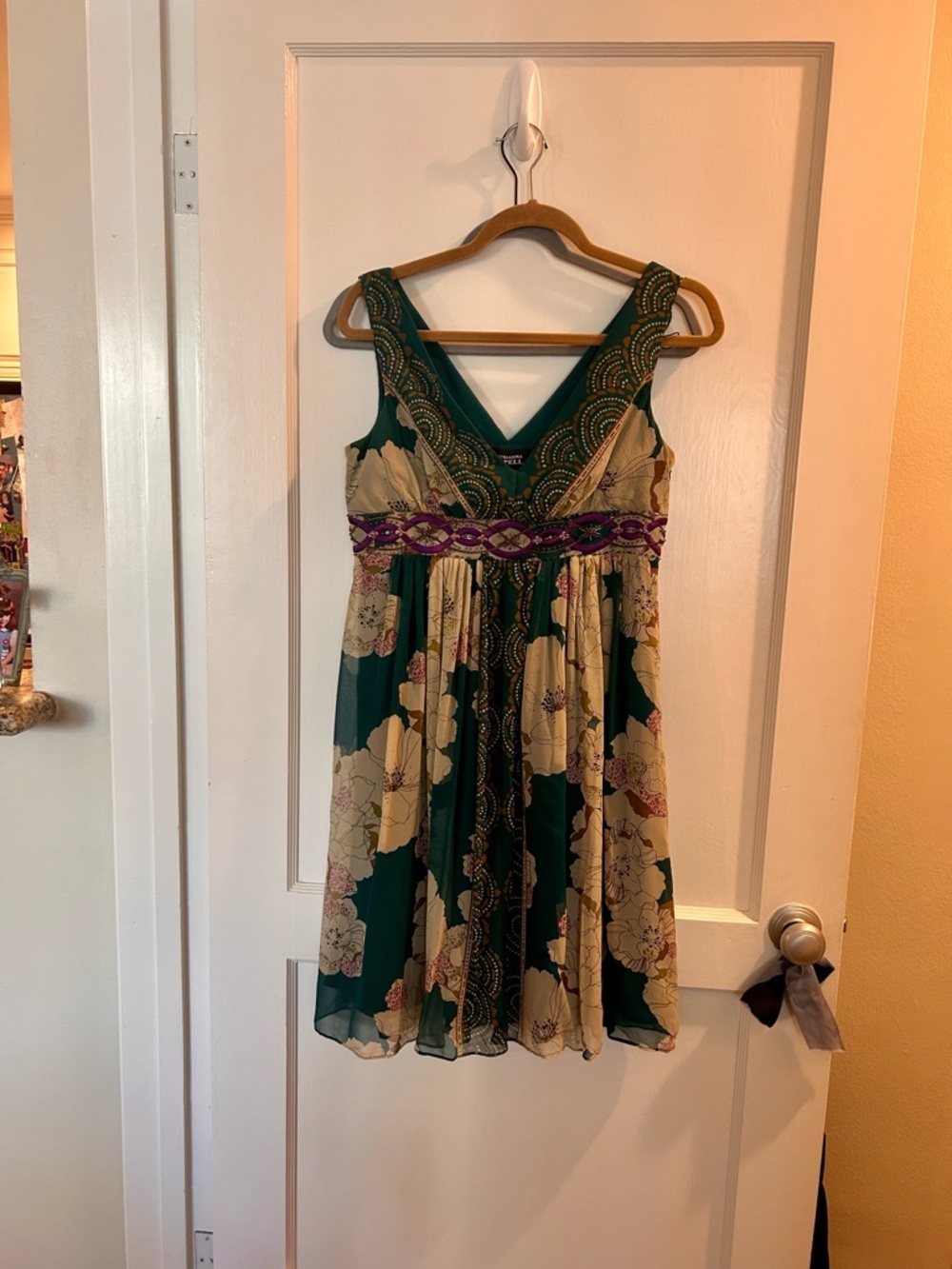 Adrianna Papell Teal Floral V-Neck Silk Cocktail Dress w/beading, embroidery - Picture 3 of 13